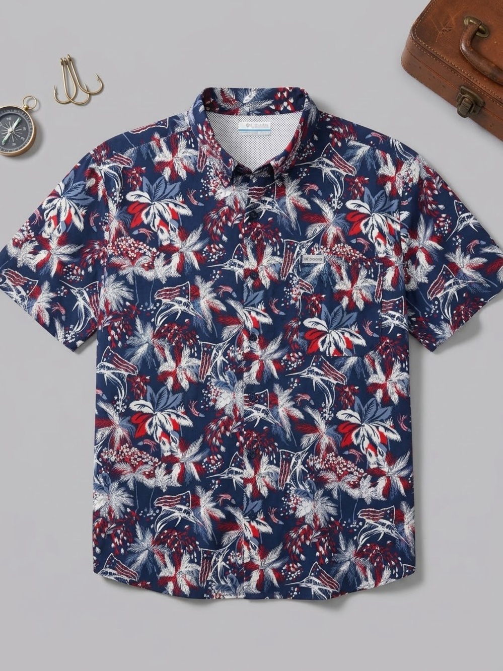 Columbia PFG Super Slack Tide Shirt Men XXL Navy Patriotic Marlin Tropical Camp